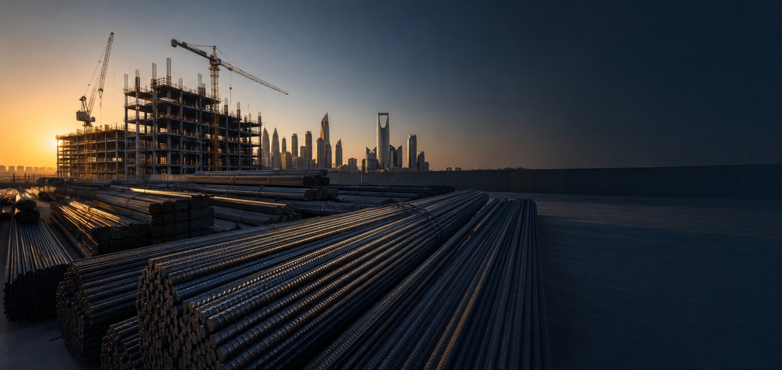 Stacked steel rebar with Riyadh skyline at sunrise