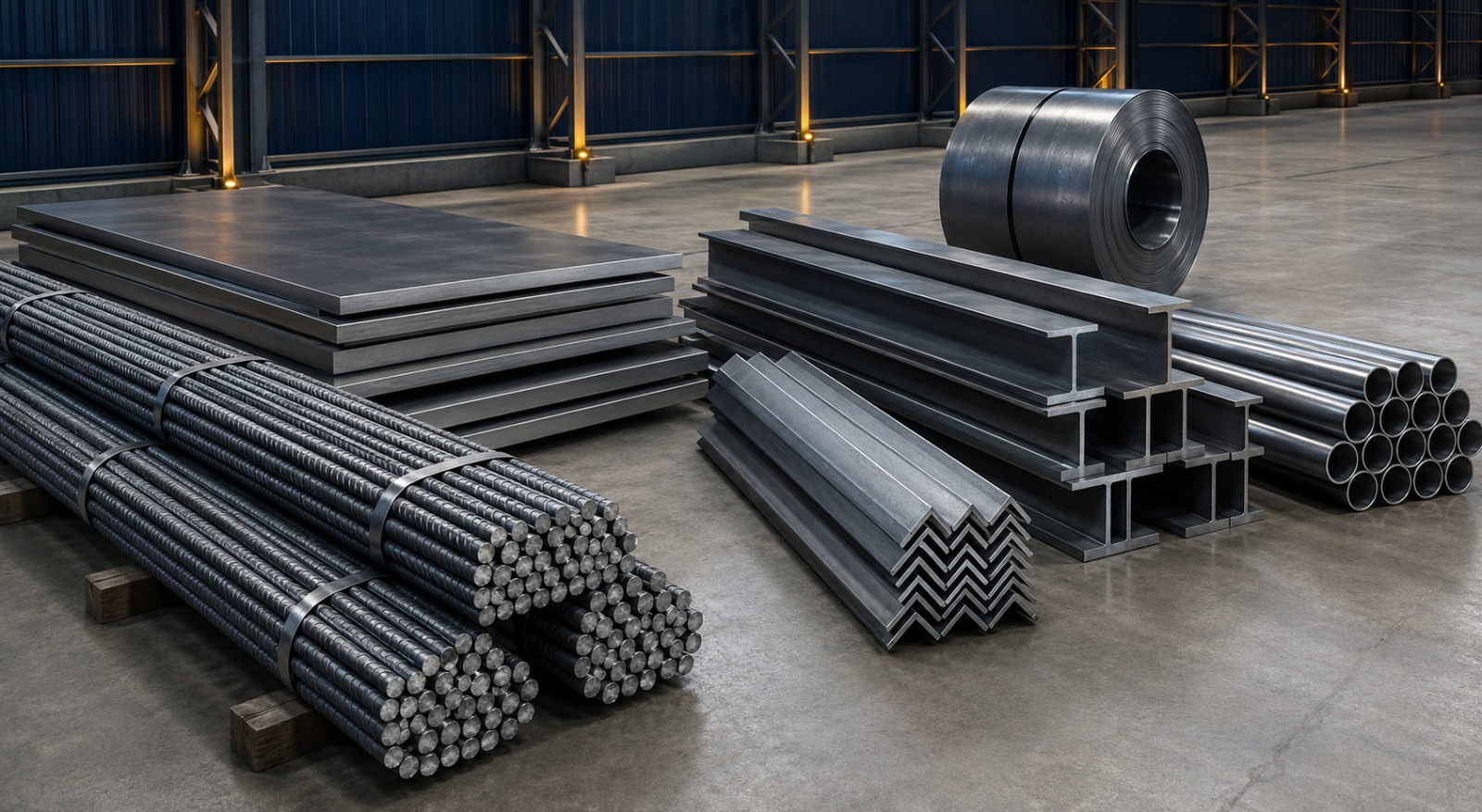 Rebar bundles, steel plates, beams and coils in a warehouse